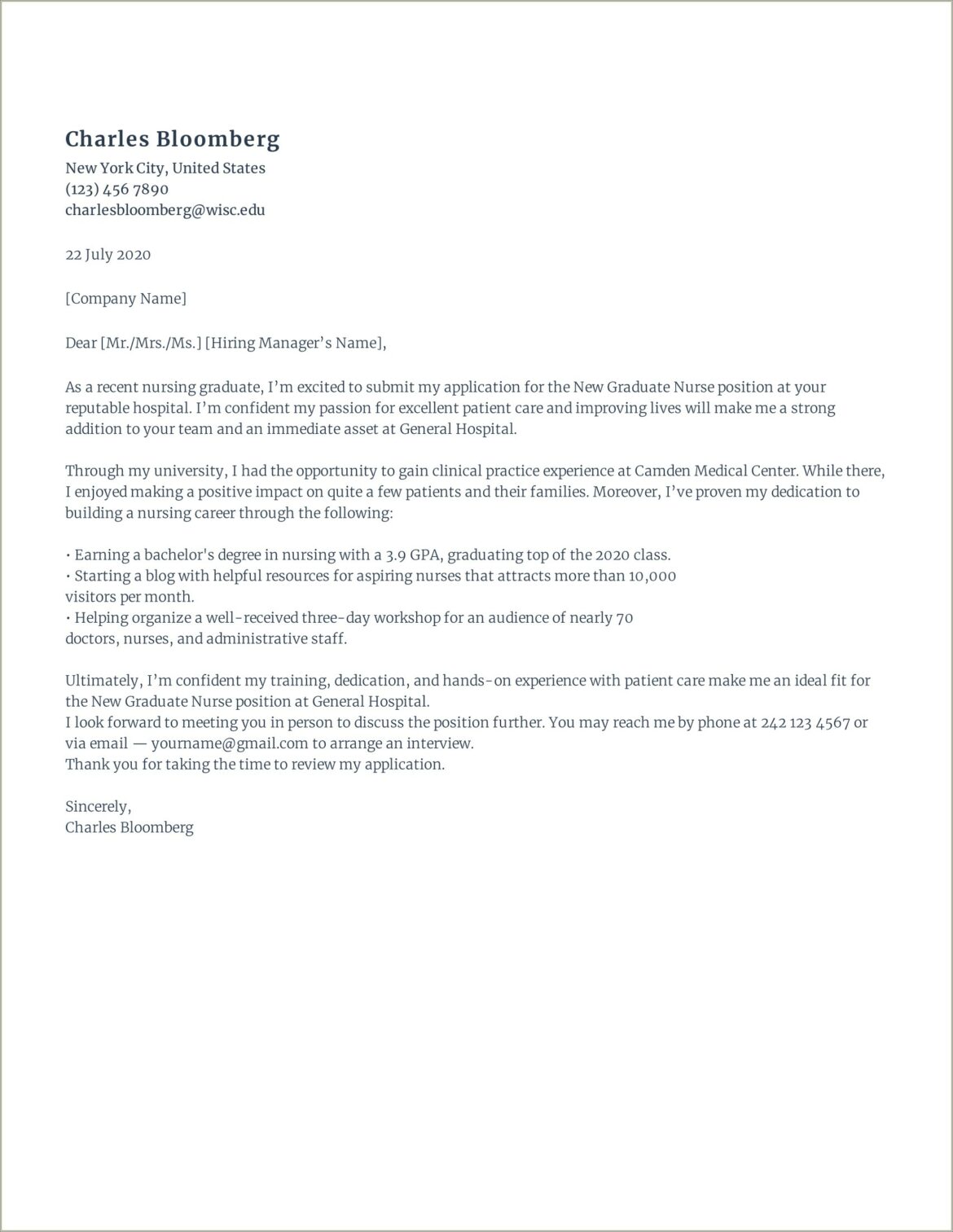 Cover Letter For Resume Examples Nursing