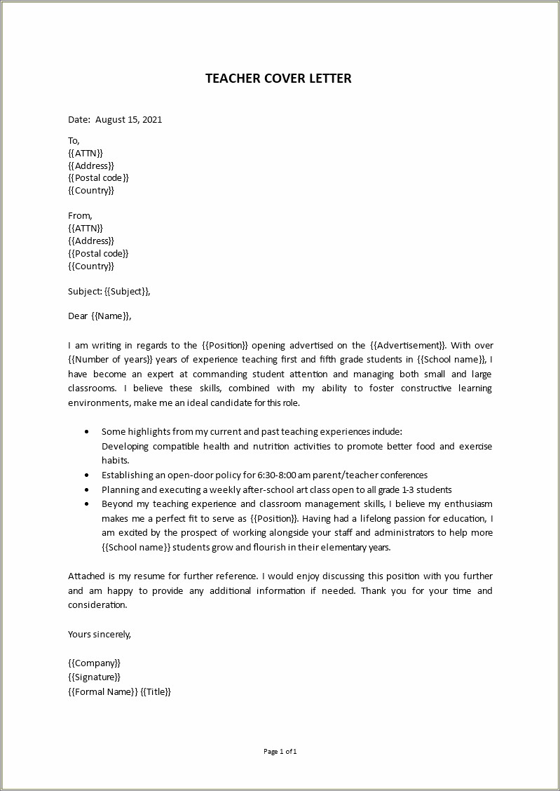 Cover Letter For Resume First Teaching Position