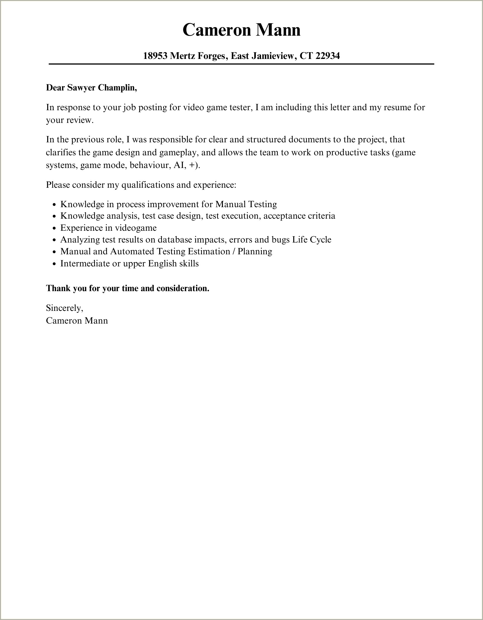 Cover Letter For Resume For Game Tester