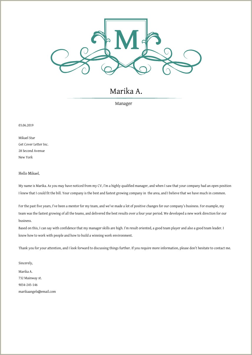 Cover Letter For Resume For Managment Position