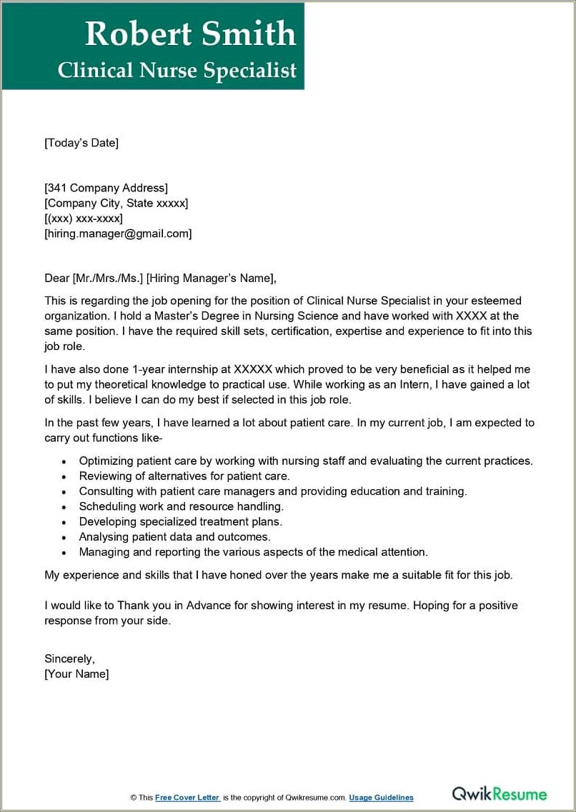 Cover Letter For Resume For Nursing Position