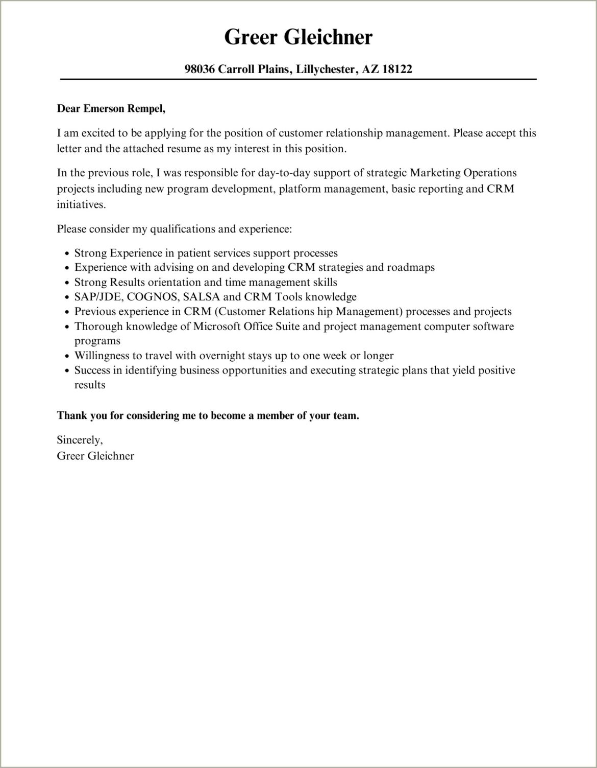 Cover Letter For Resume For Relationship Manager