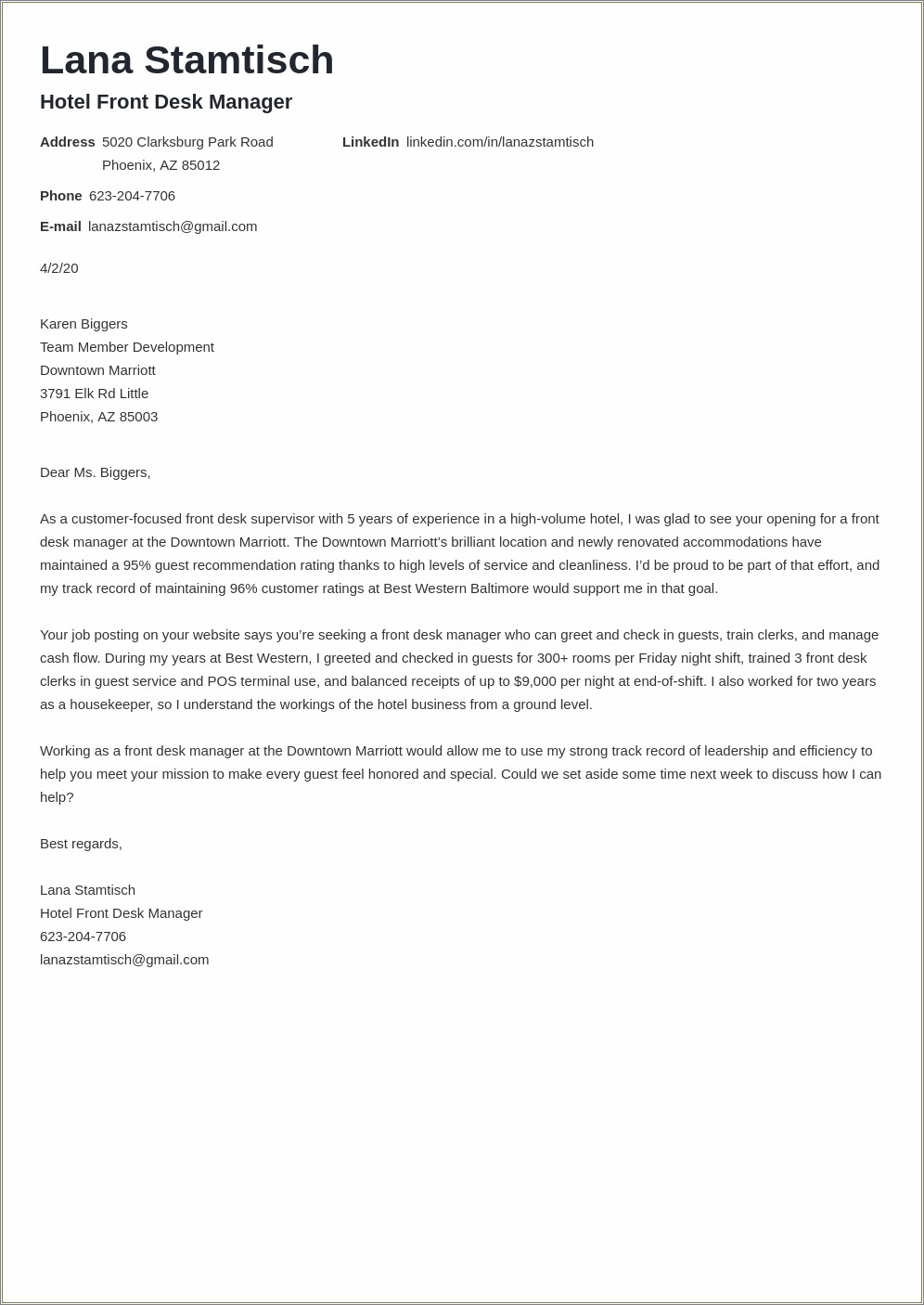 Cover Letter For Resume Hospitality Management