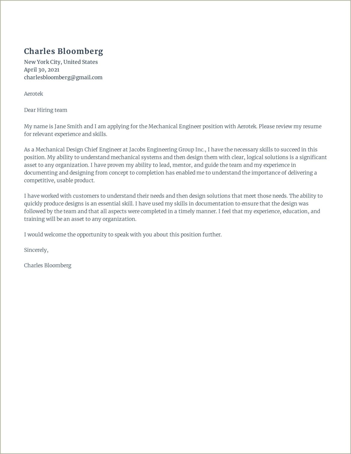 Cover Letter For Resume Mechanical Technician