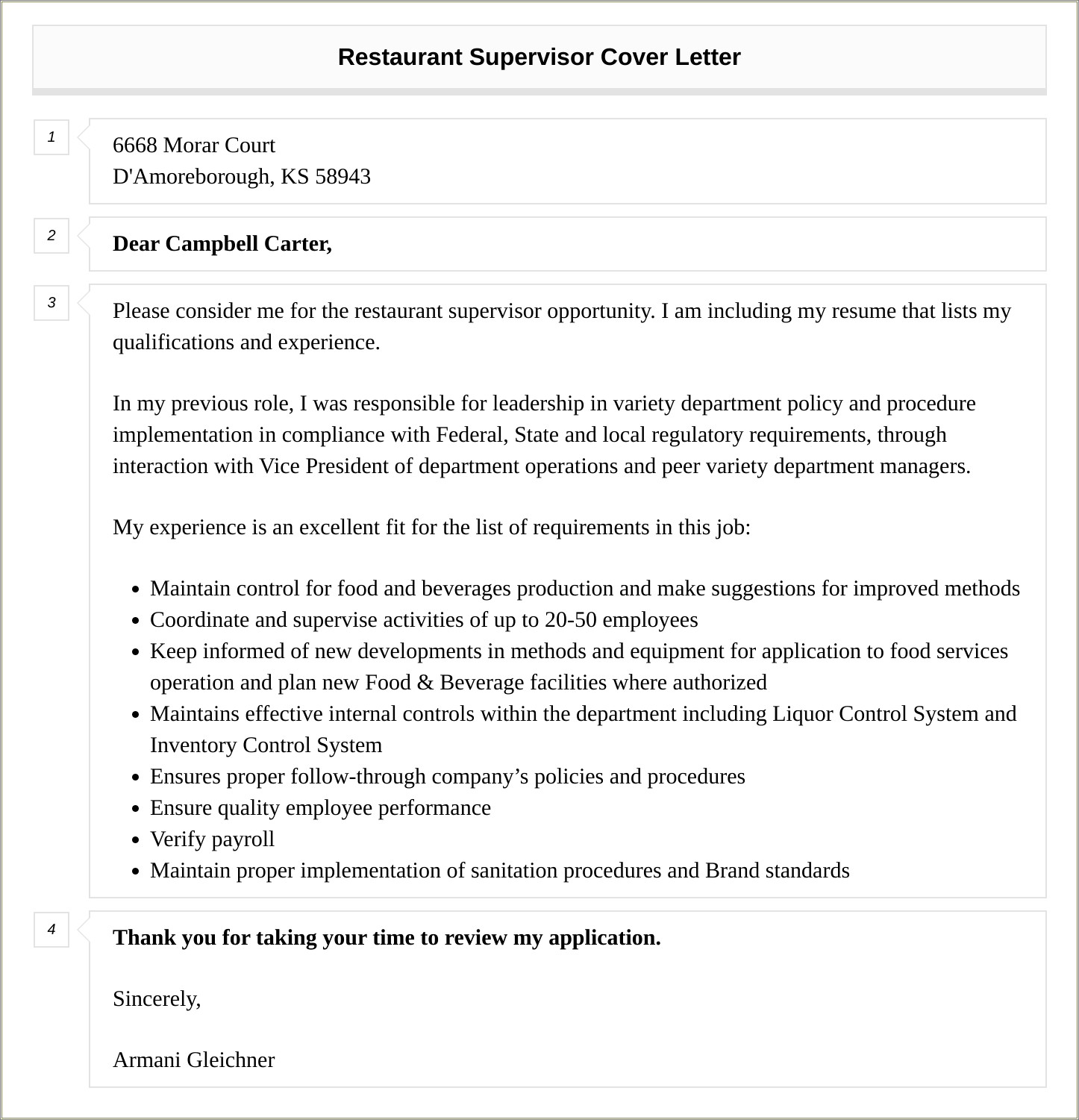 Cover Letter For Resume Restaurant Supervisor