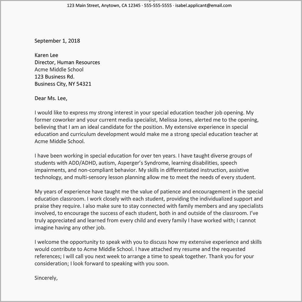 Cover Letter For Resume Special Education