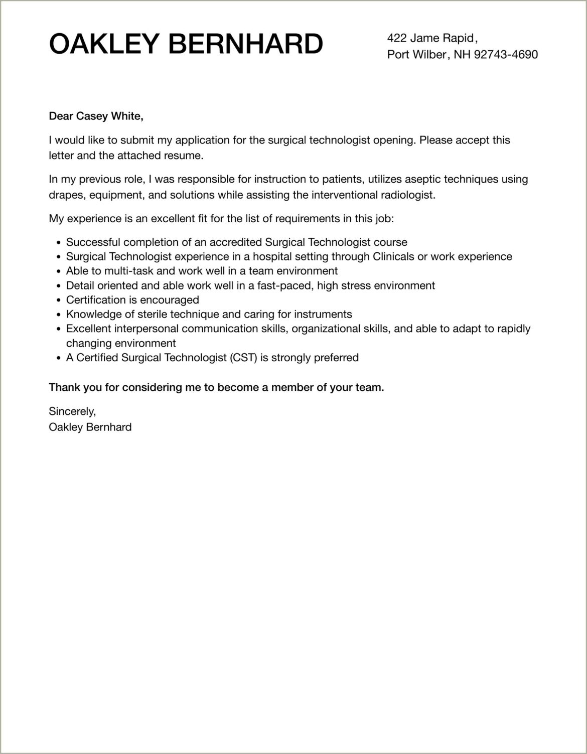 Cover Letter For Resume Surgical Tech