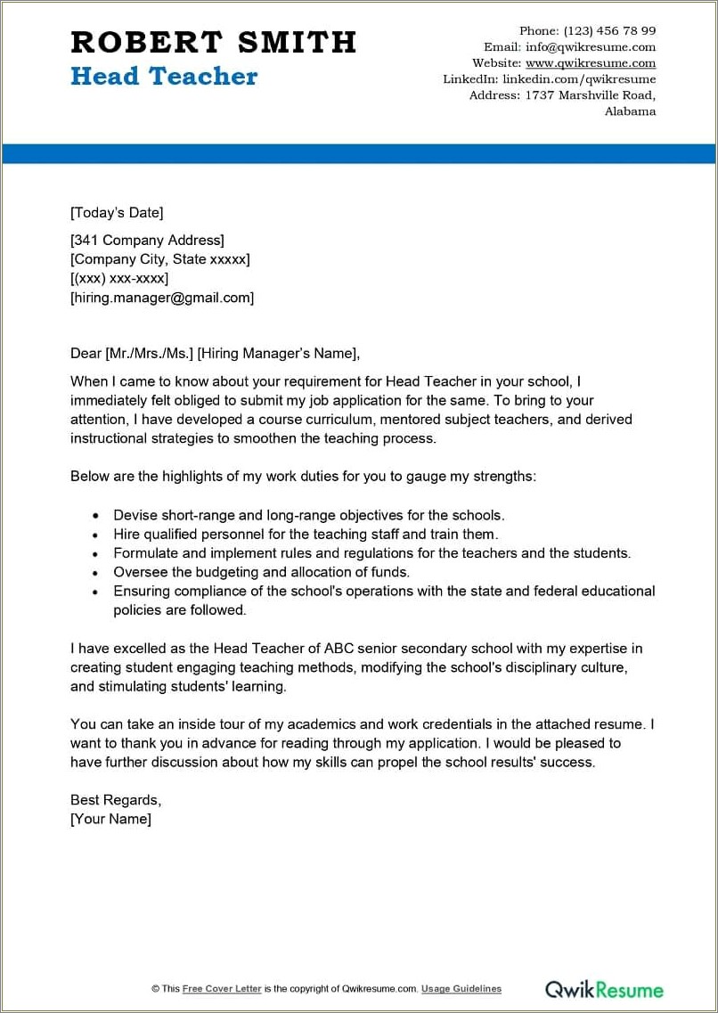 Cover Letter For Resume Teaching Management Position