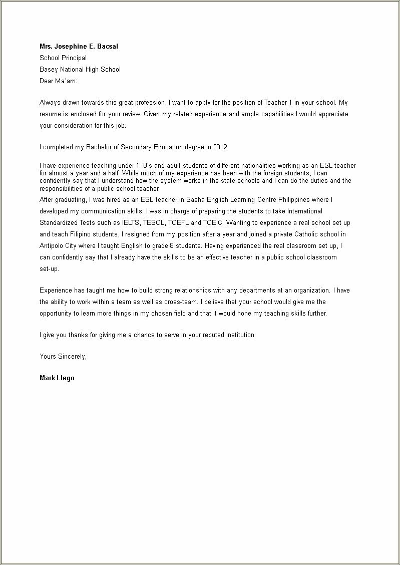 Cover Letter For Resume To A Catholic School