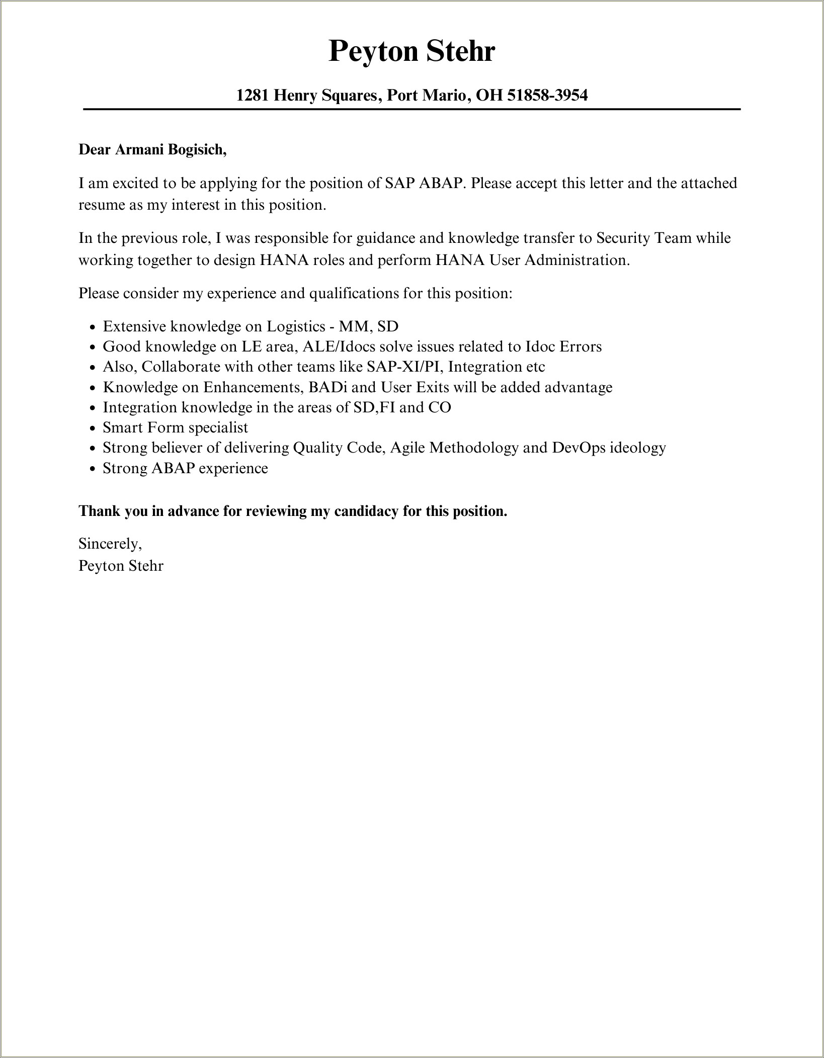 Cover Letter For Sap Abap Resume