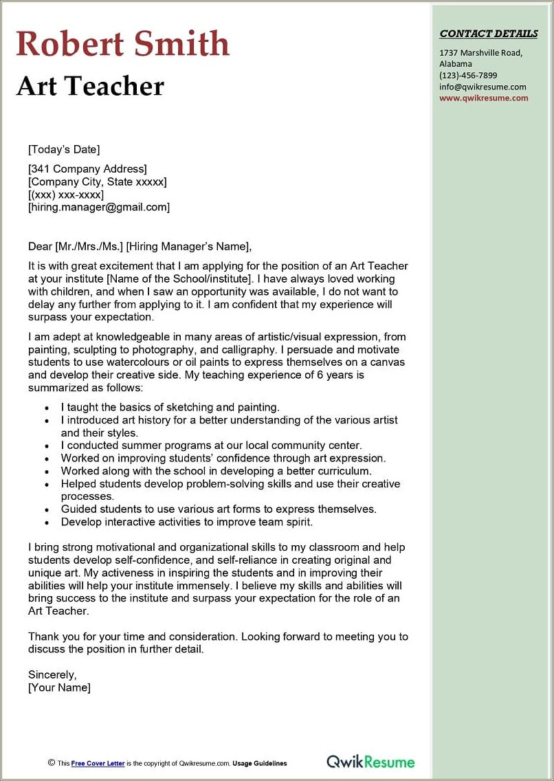 Cover Letter For Teacher Job Resume