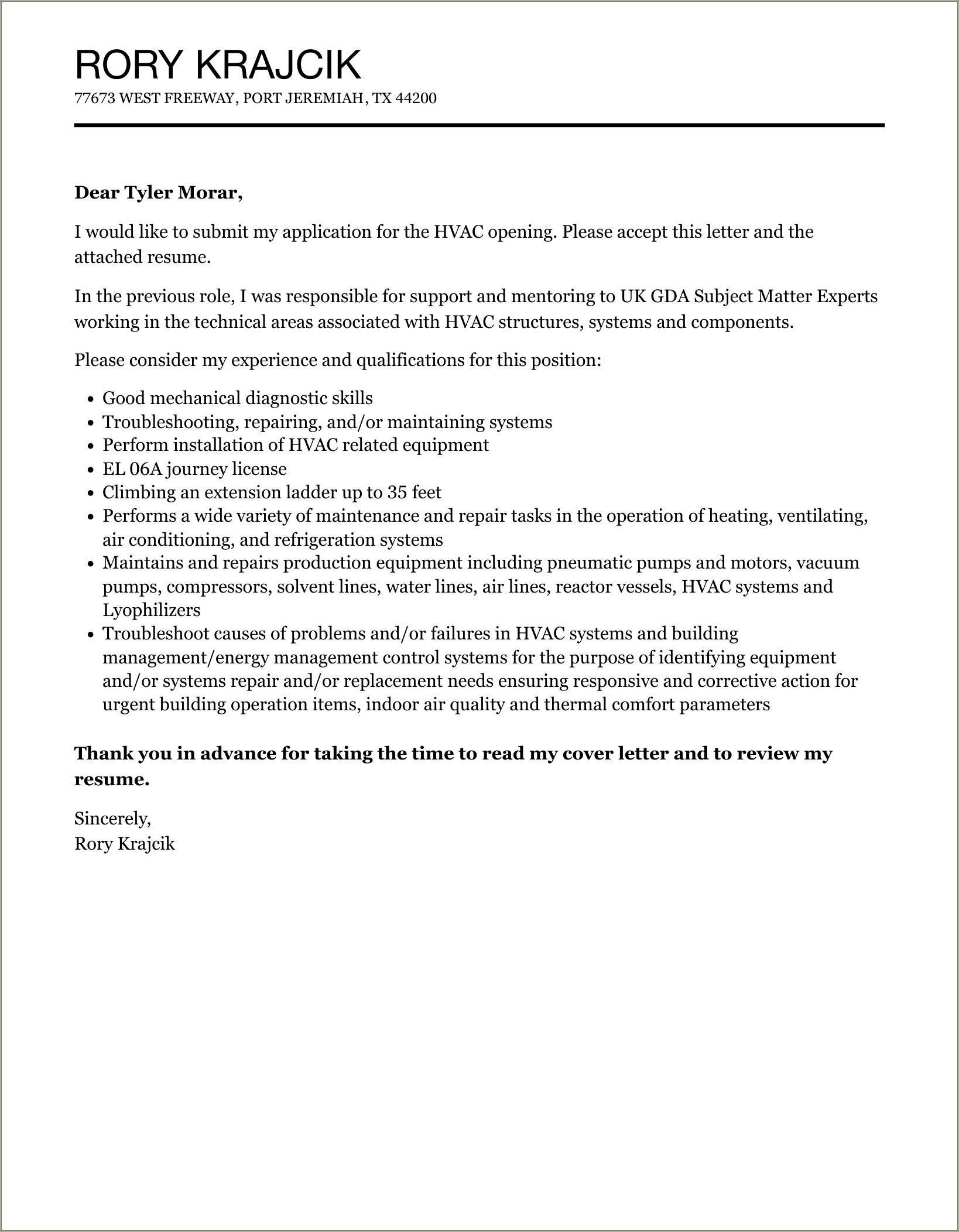 Cover Letter Resume For Hvacr Sample