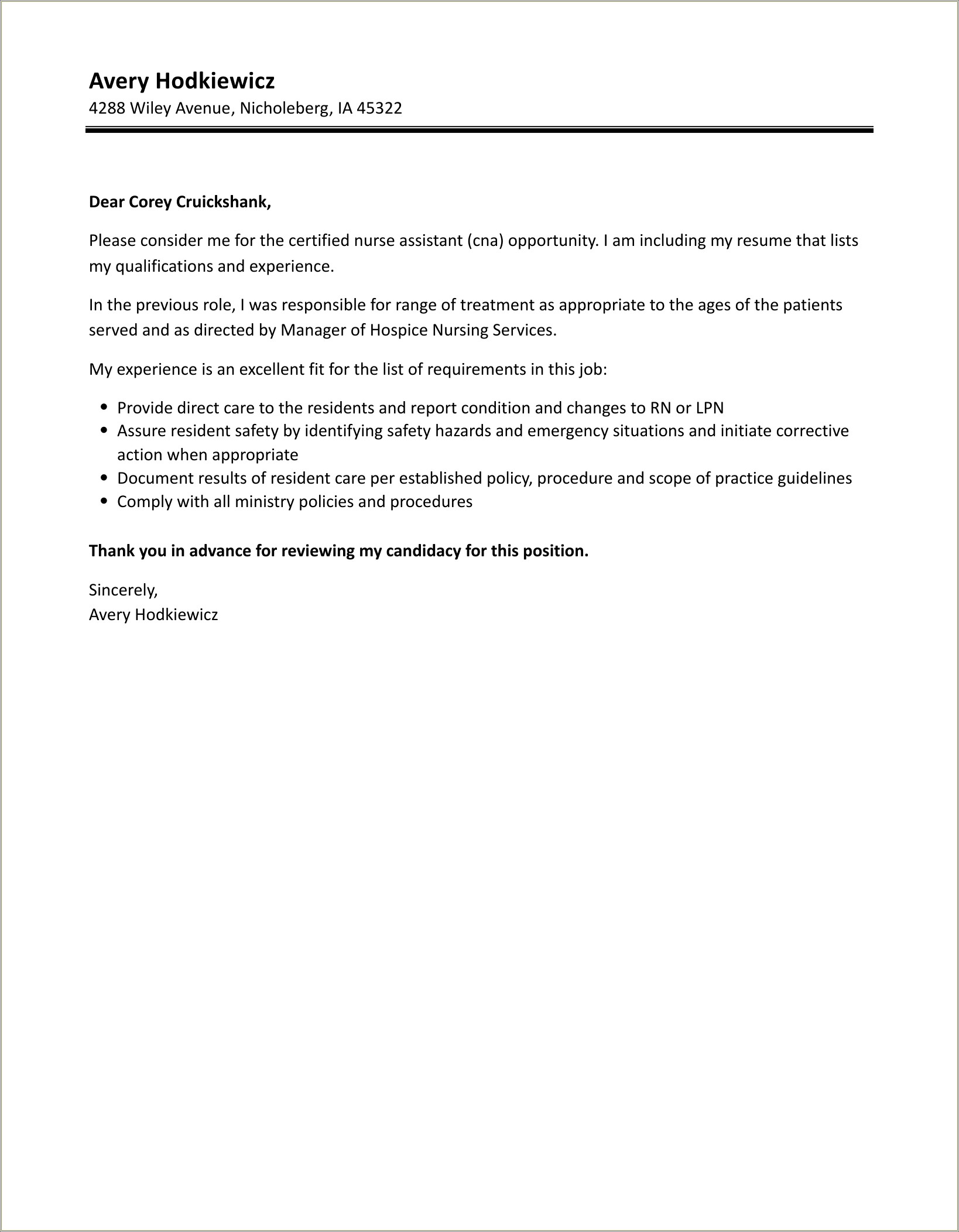 Cover Letter Sample For Cna Resume