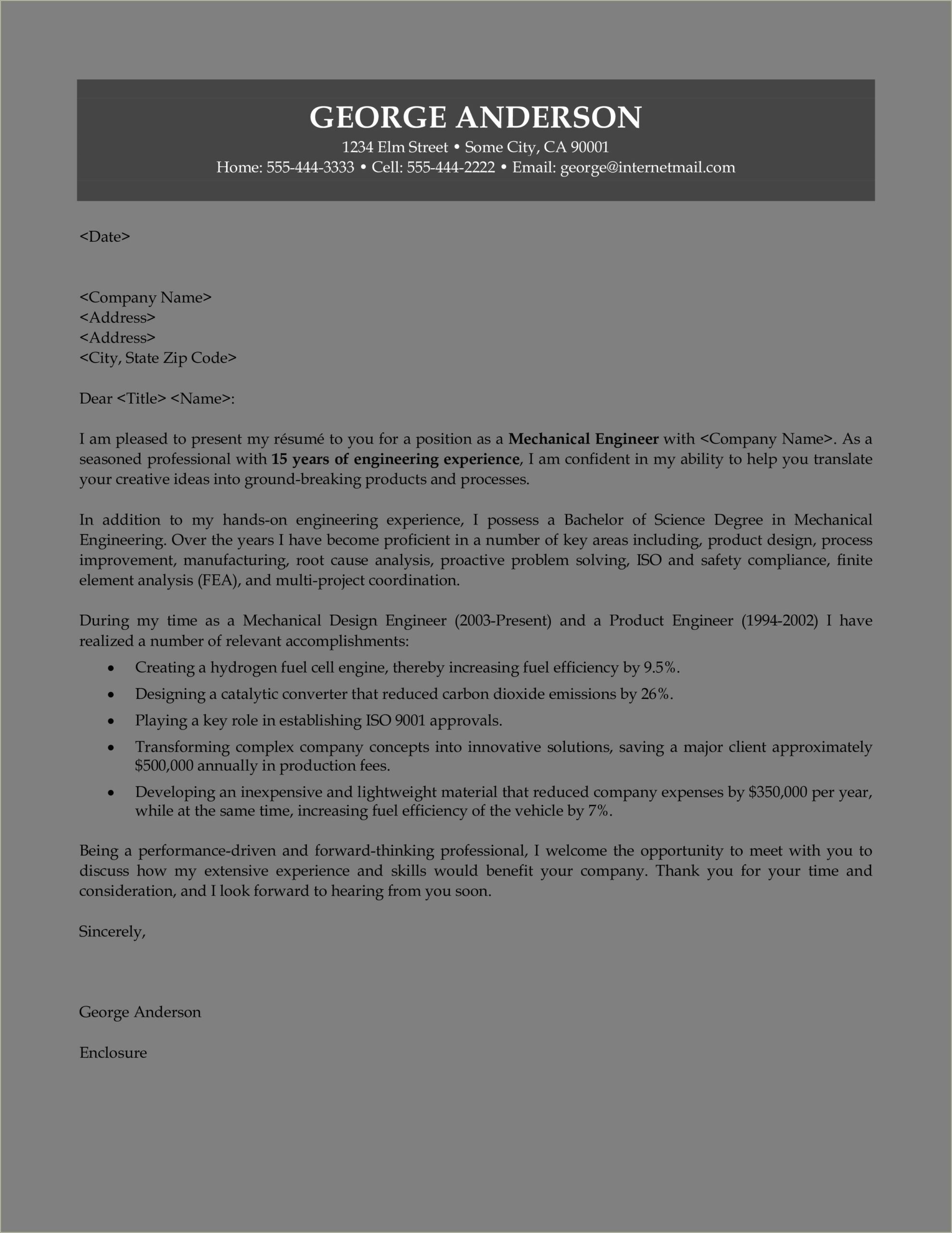 Cover Letter Sample For Mechanical Engineer Resume