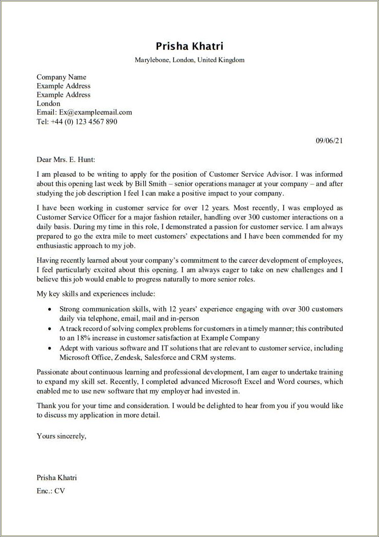 Cover Letter Sample For Resume For Customer Service