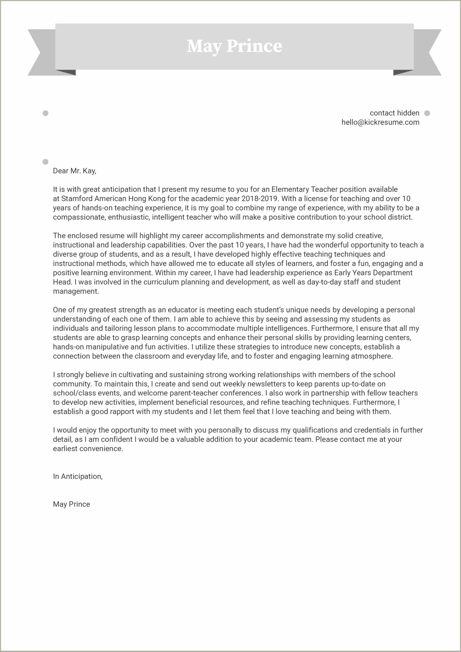 Cover Letter Sample For Resume Teacher