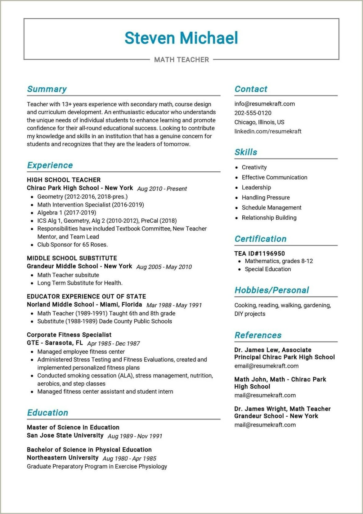 Cover Letter Science Teacher Resume Sample