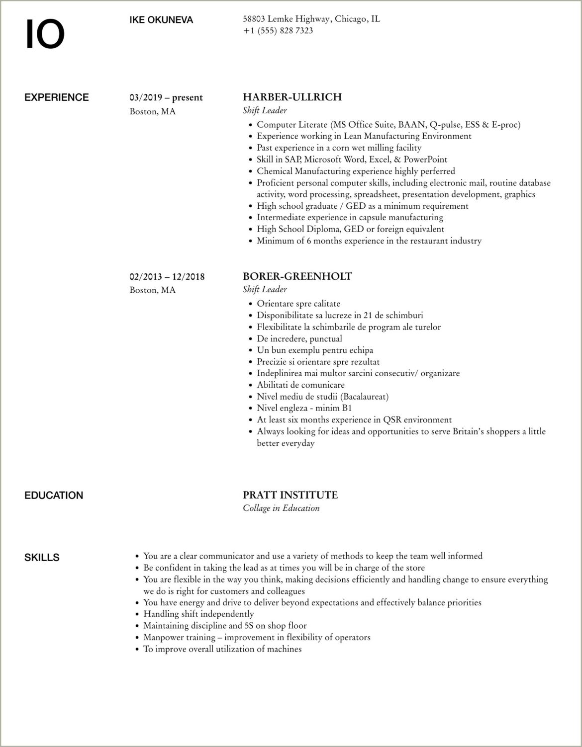 Creating End Of Shift Report Skills Resume