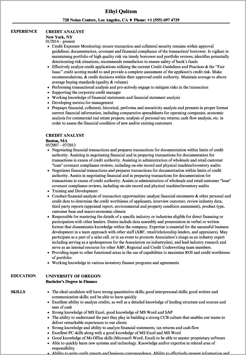 Credit Specialist Job Description For Resume