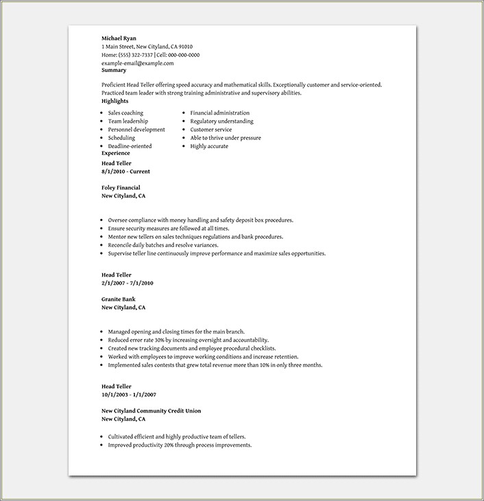 Credit Union Bank Teller Resume Objective