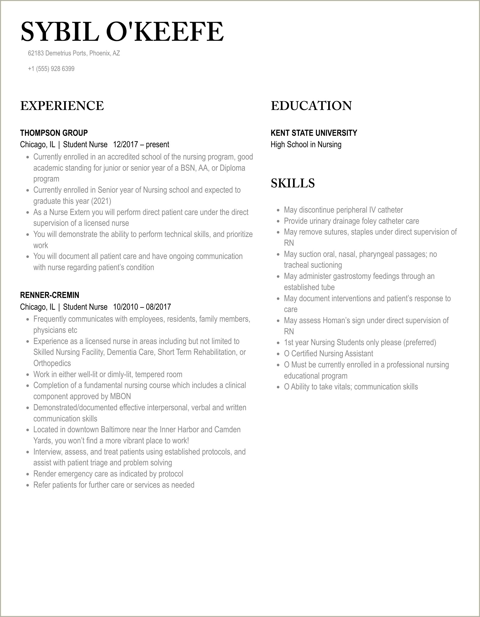 Current Nursing Student Resume With No Experience