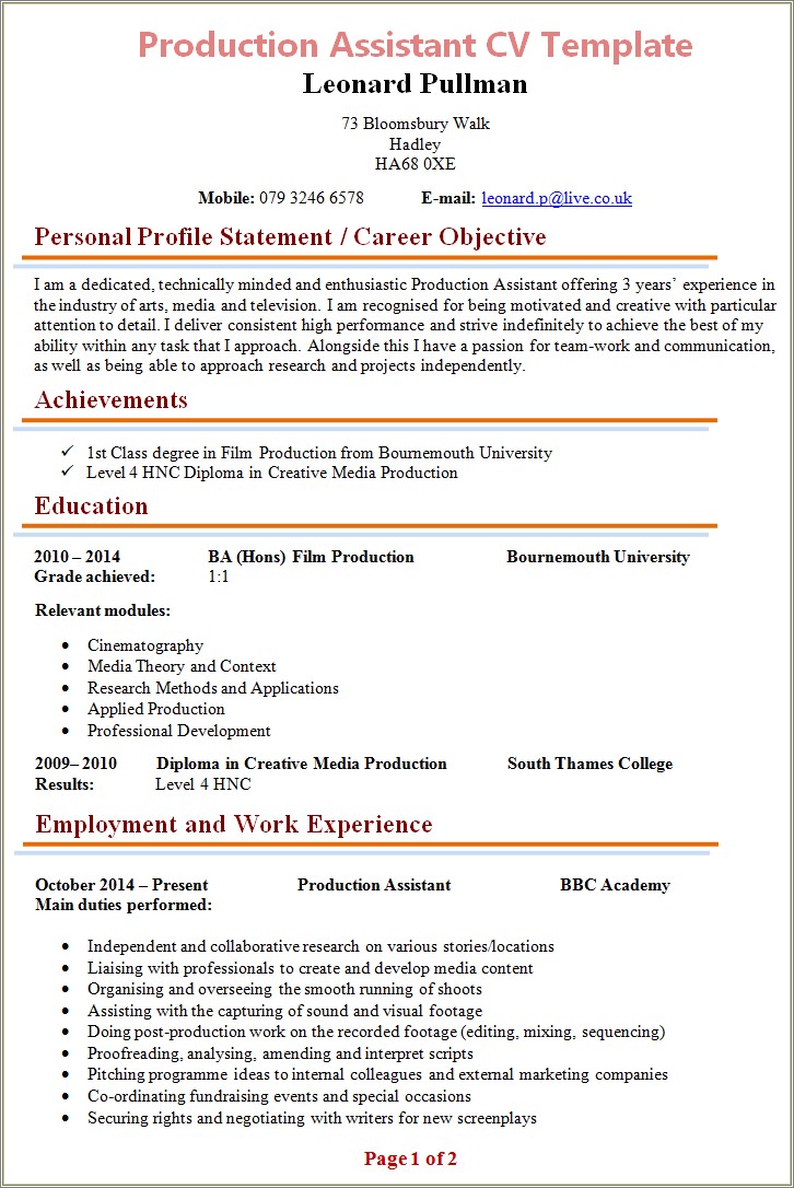 Current Resume Template For Film Television