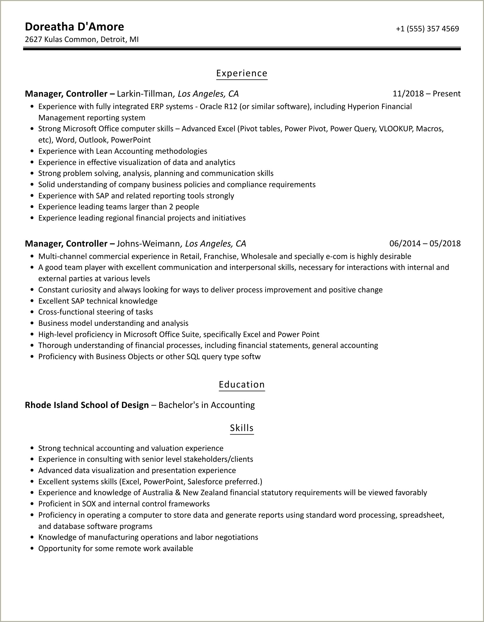 Curriecullum Vitae Resume Finance Controller Manager Pdf