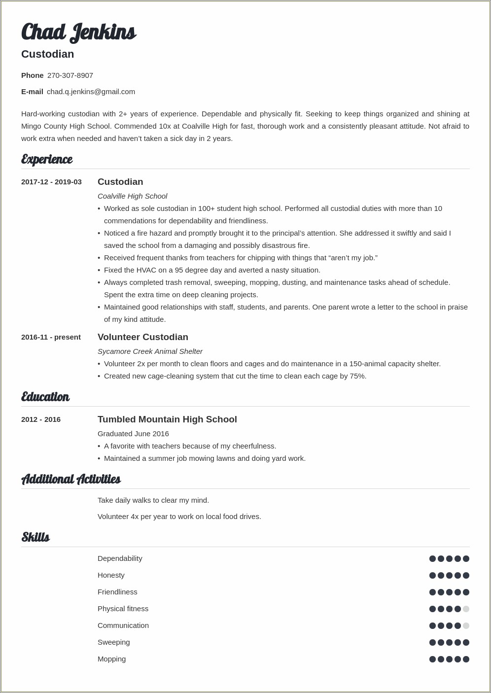 Custodial Maintenance Job Description For Resume