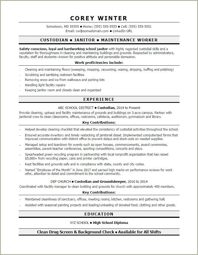 Custodian Supervisor Job Description For Resume