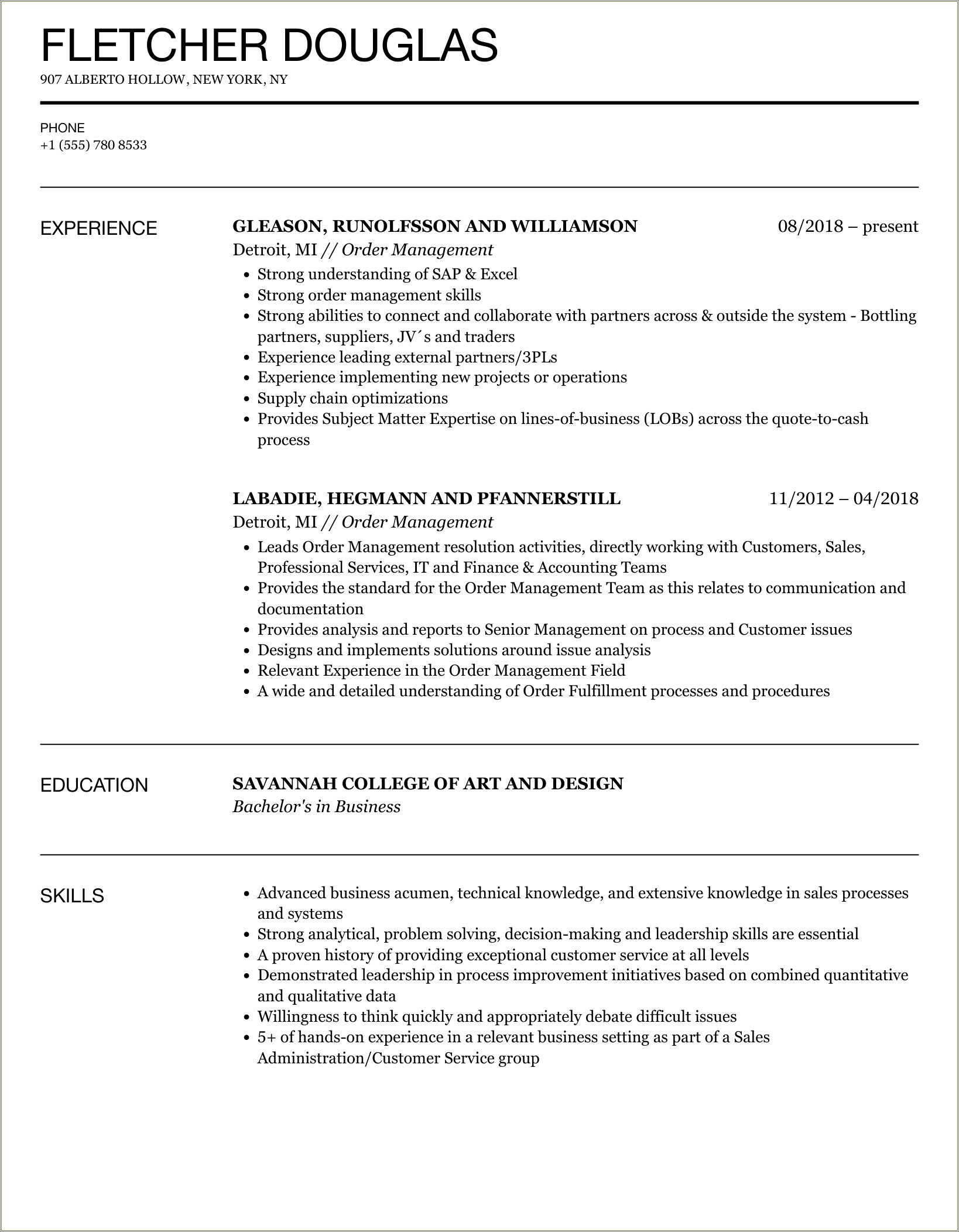 Customer Order Management In Banking Resume Sample