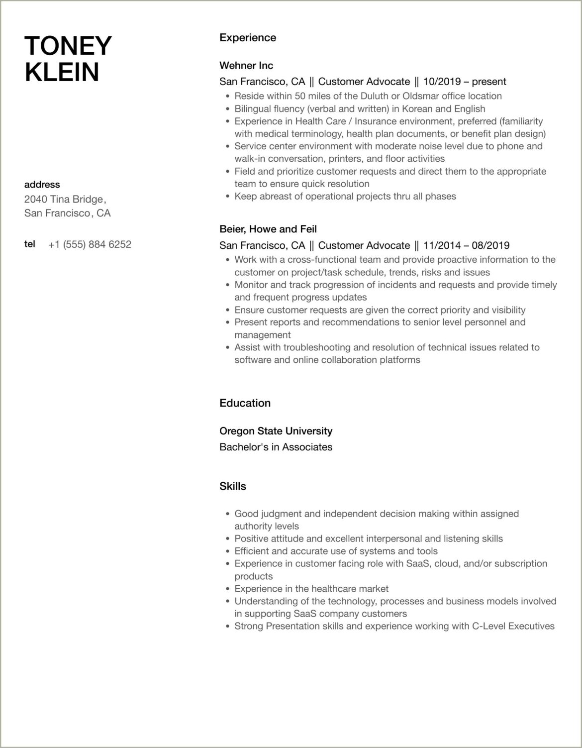 Customer Service Advocate Resume Sample Jobhero