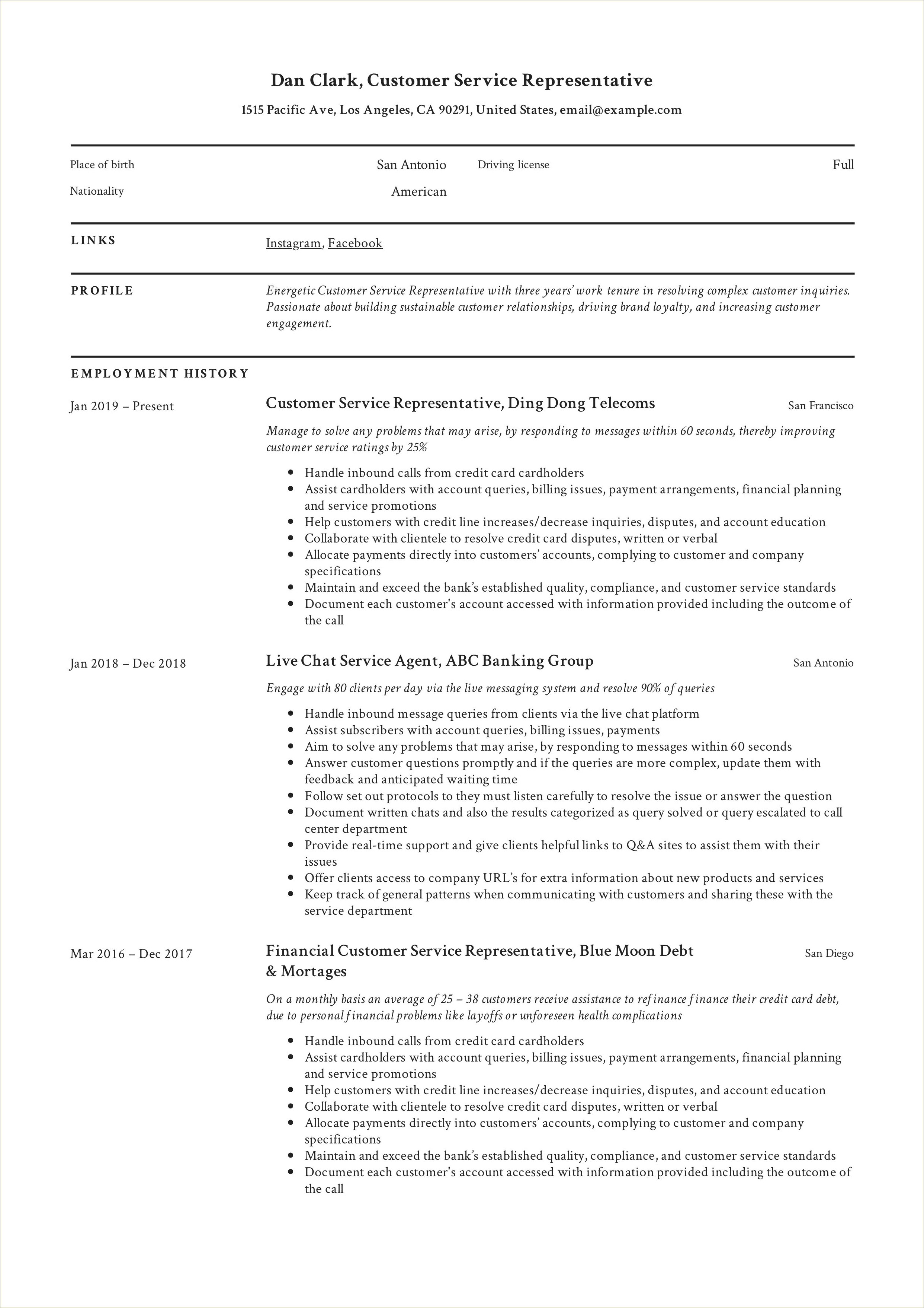 Customer Service Agent Job Description For Resume