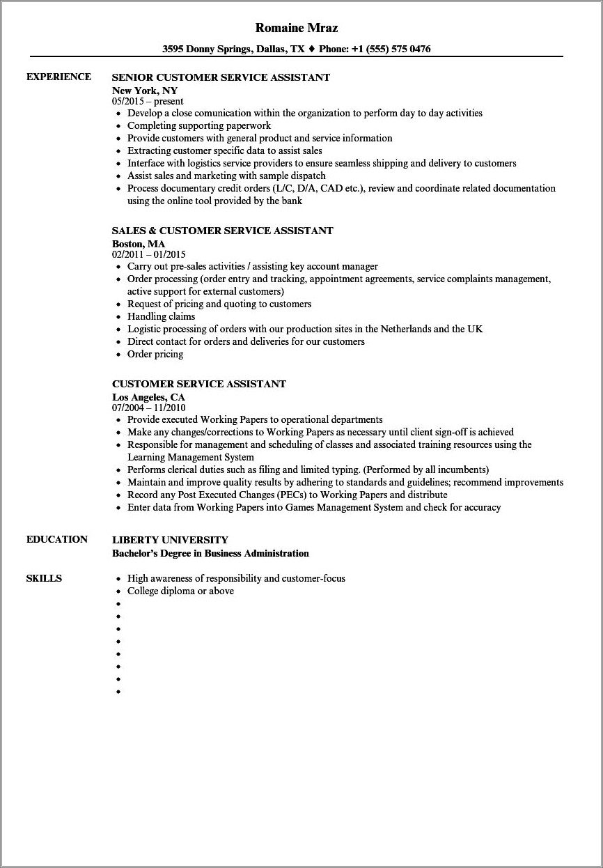 Customer Service And Administration Job Resume