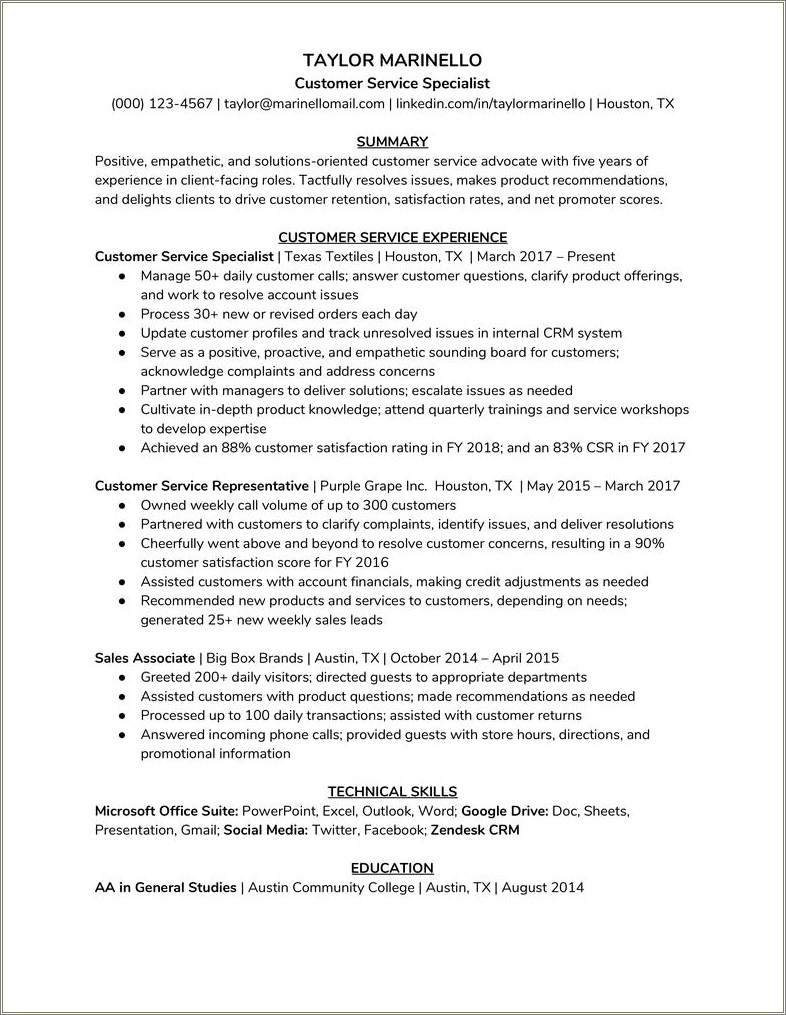 Customer Service And Communication Skills Resume