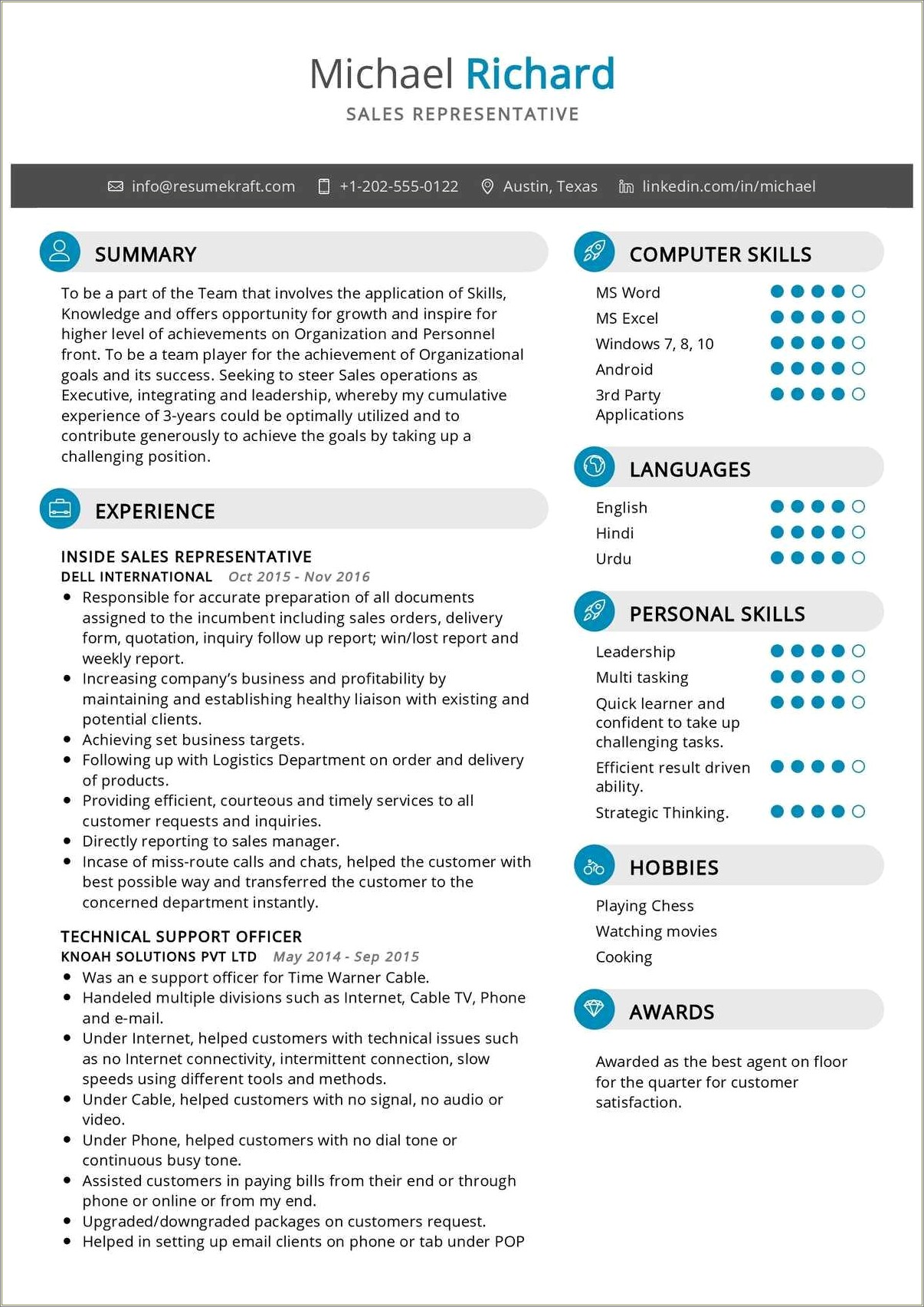 Customer Service And Sales Representative Resume Special Skills