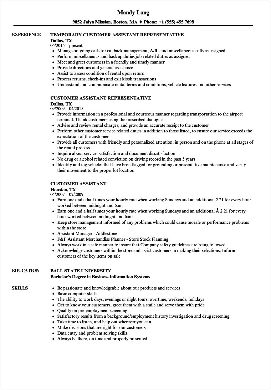 Customer Service Assistant Resume No Experience