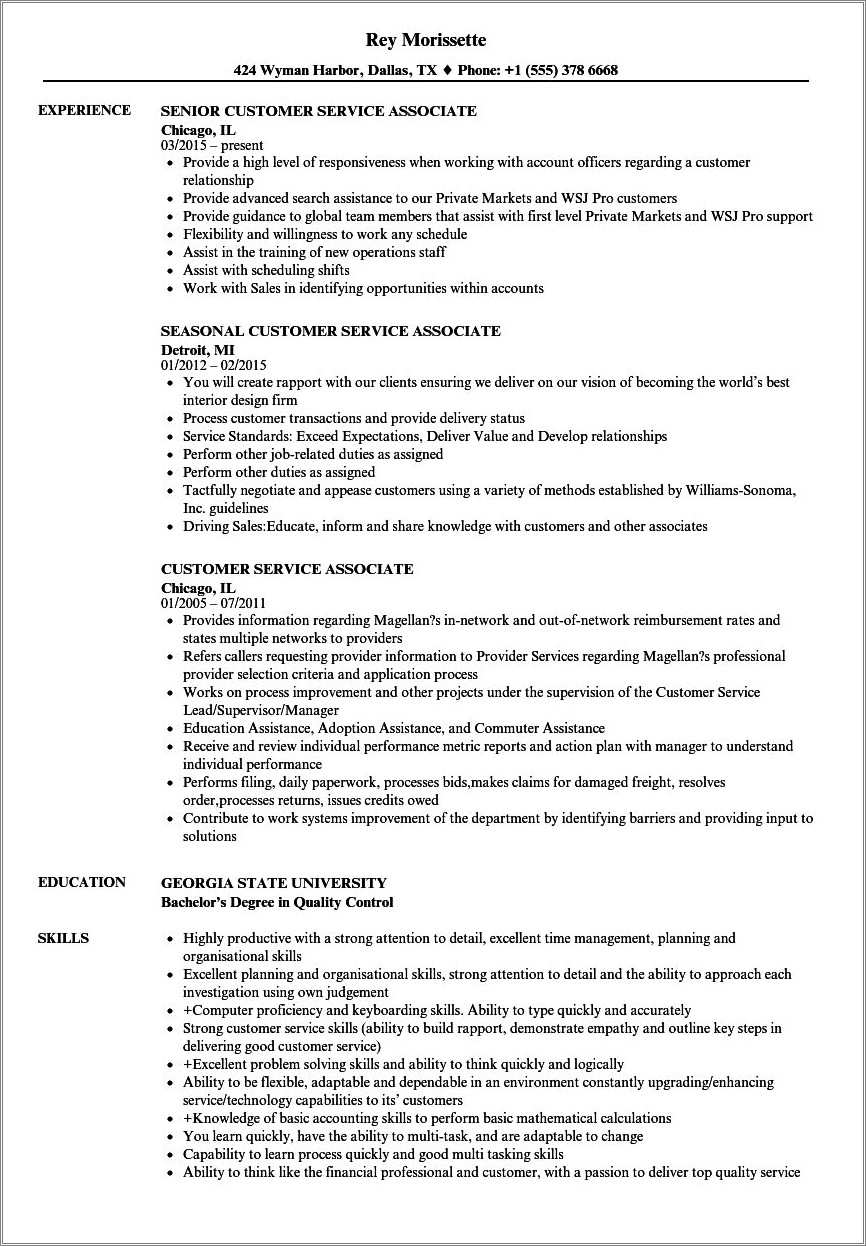 Customer Service Associate Resume Job Description