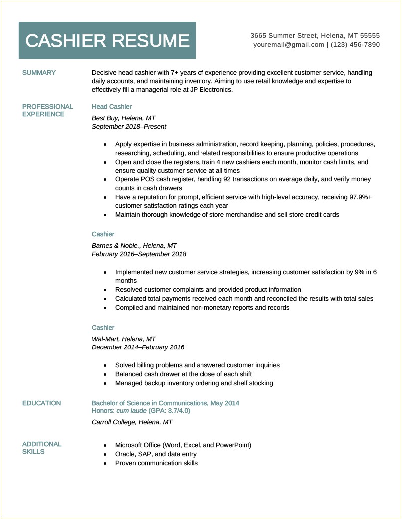 Customer Service Cashier Job Description Resume