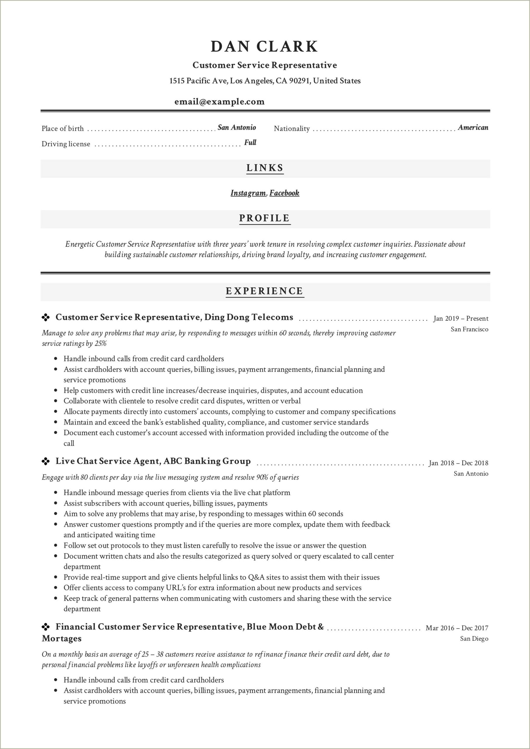 Customer Service Experience For A Resume