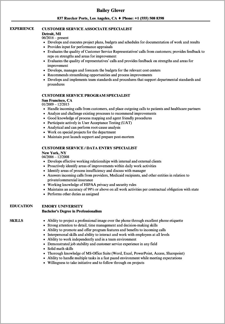 Customer Service Health Care Resume Examples