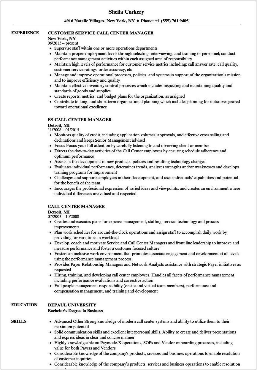 Customer Service Manager Call Center Resume