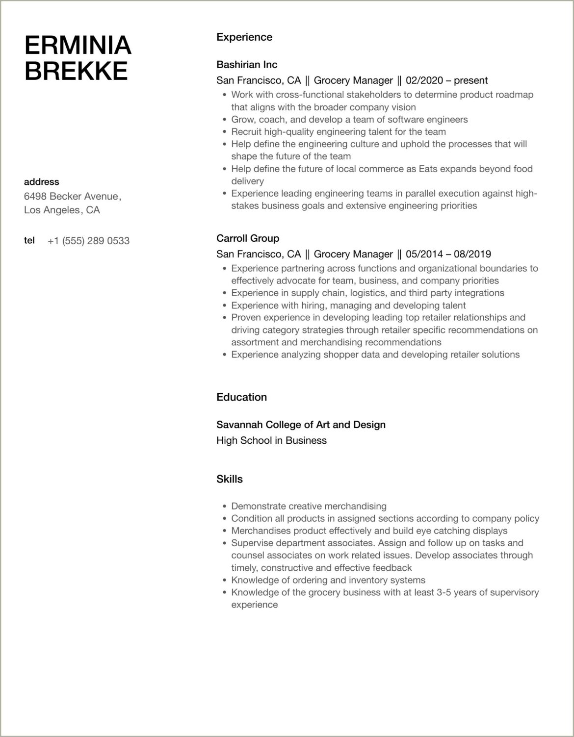 Customer Service Manager Grocery Store Resume