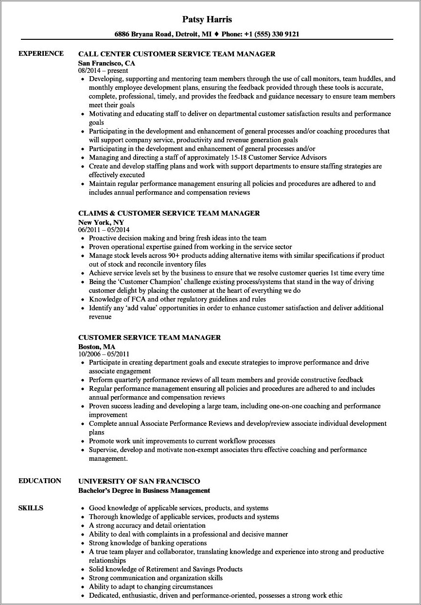 Customer Service Manager Resume Objective Sample