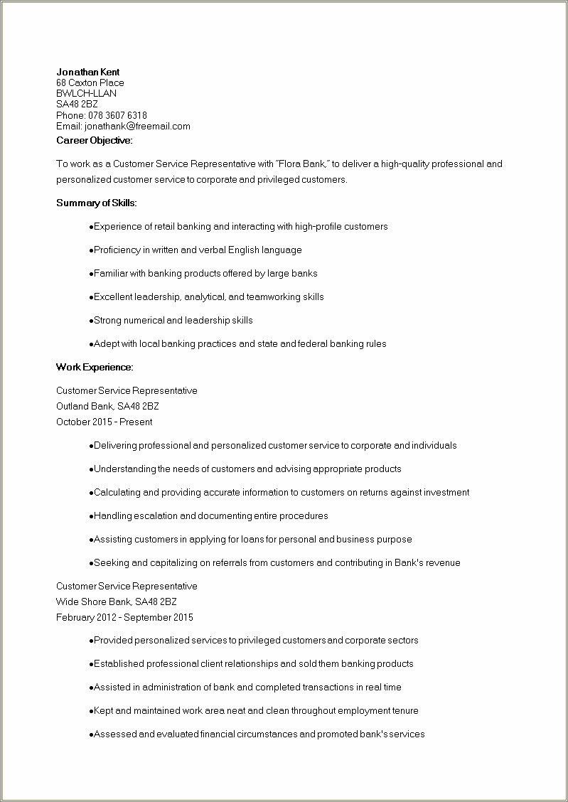 Customer Service Objective Summary For A Resume