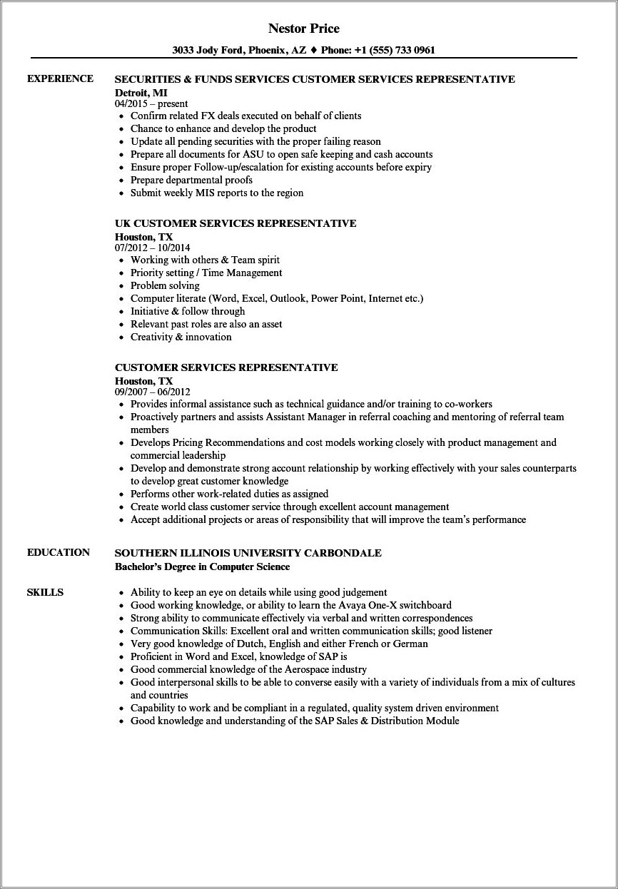 Customer Service Representative Job Description For A Resume