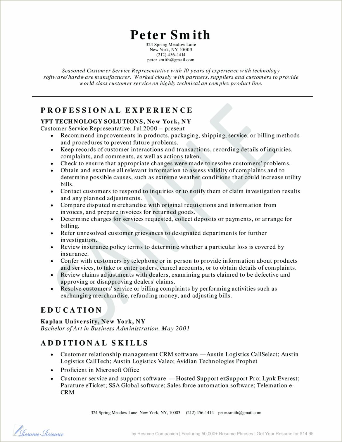 Customer Service Representative Job Duties Resume