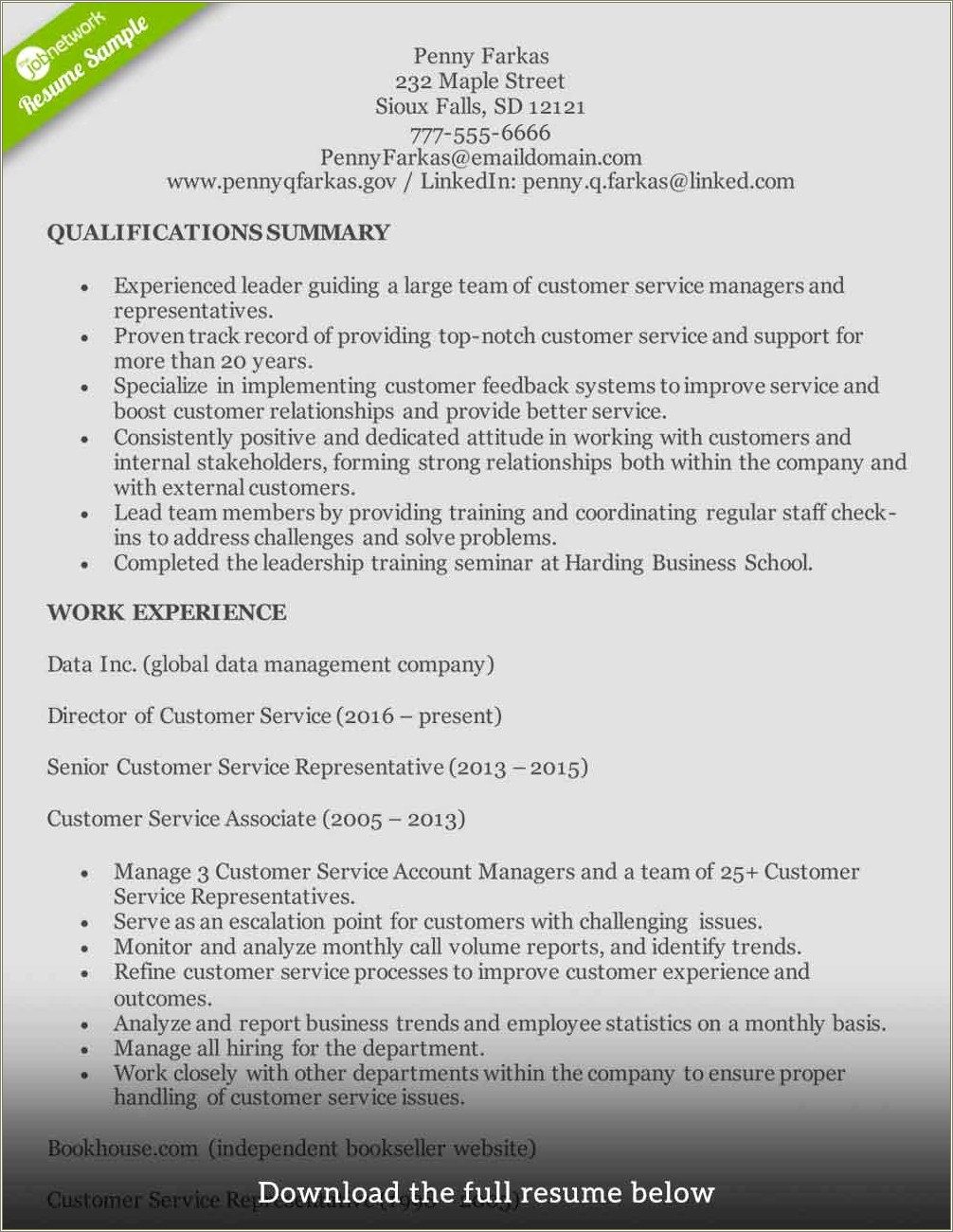 Customer Service Representative Resume Summary Of Qualifications