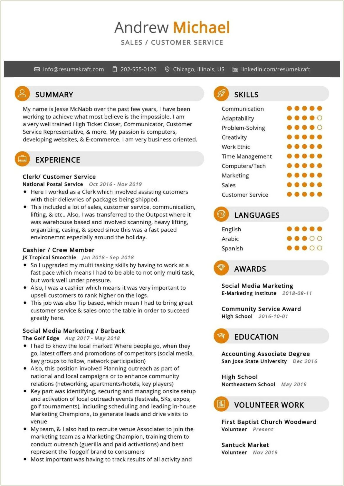 Customer Service Resume Description Of Work Example