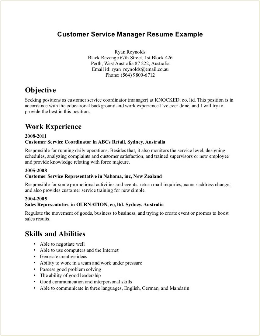 Customer Service Resume Objective Or Summary Samples