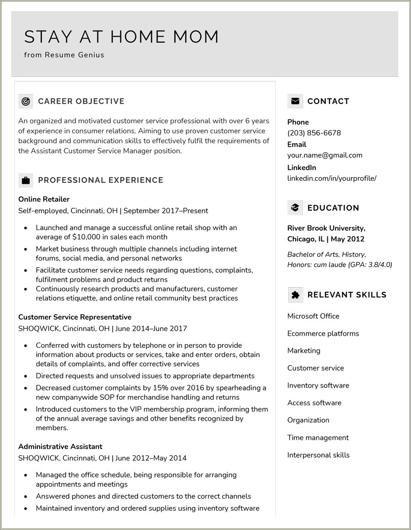 Customer Service Resume With No College Degree Example